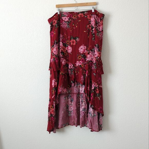 Torrid Womens High Low Floral Skirt Red Pink Size 3 3X Plus Ruffle Midi Summer - Picture 6 of 8